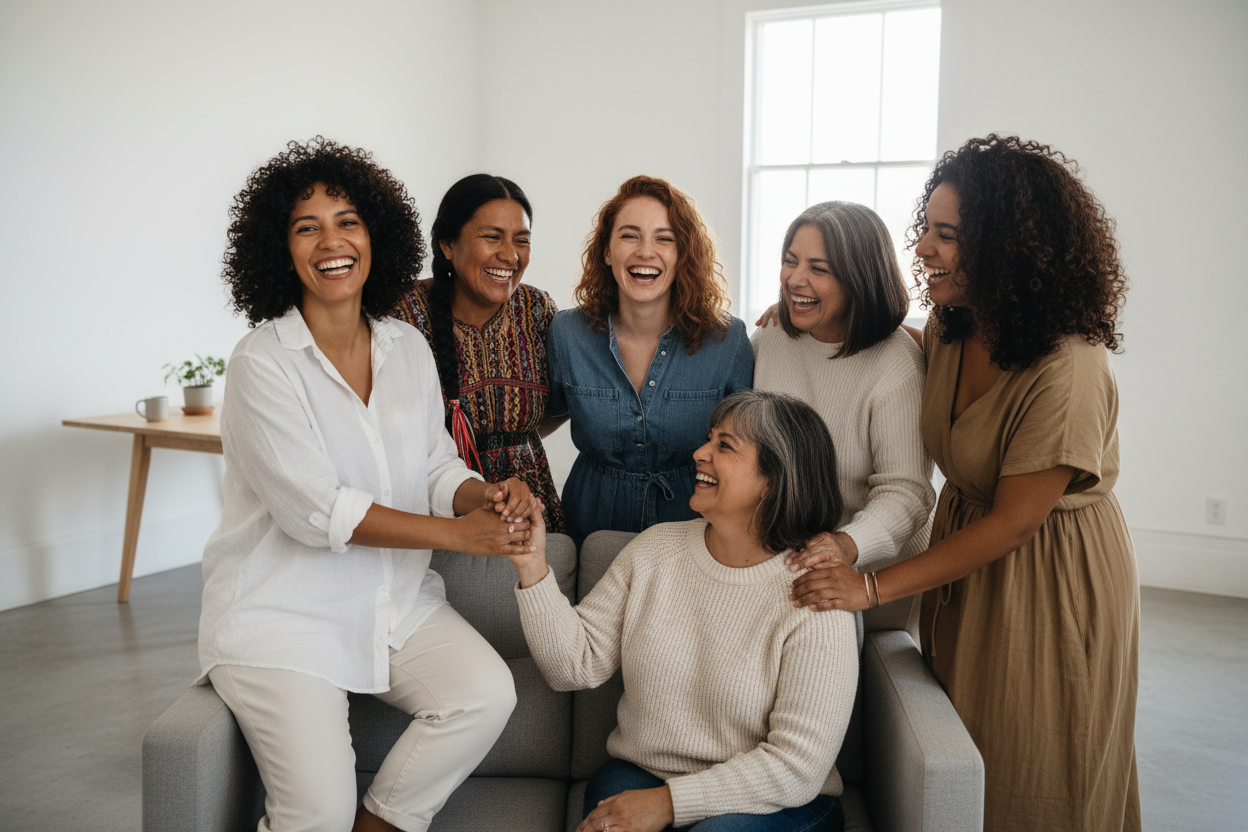 5 mujeres latinoamericanas de entre 25-55 años están felices juntas en un entorno armónico y sencillo 
