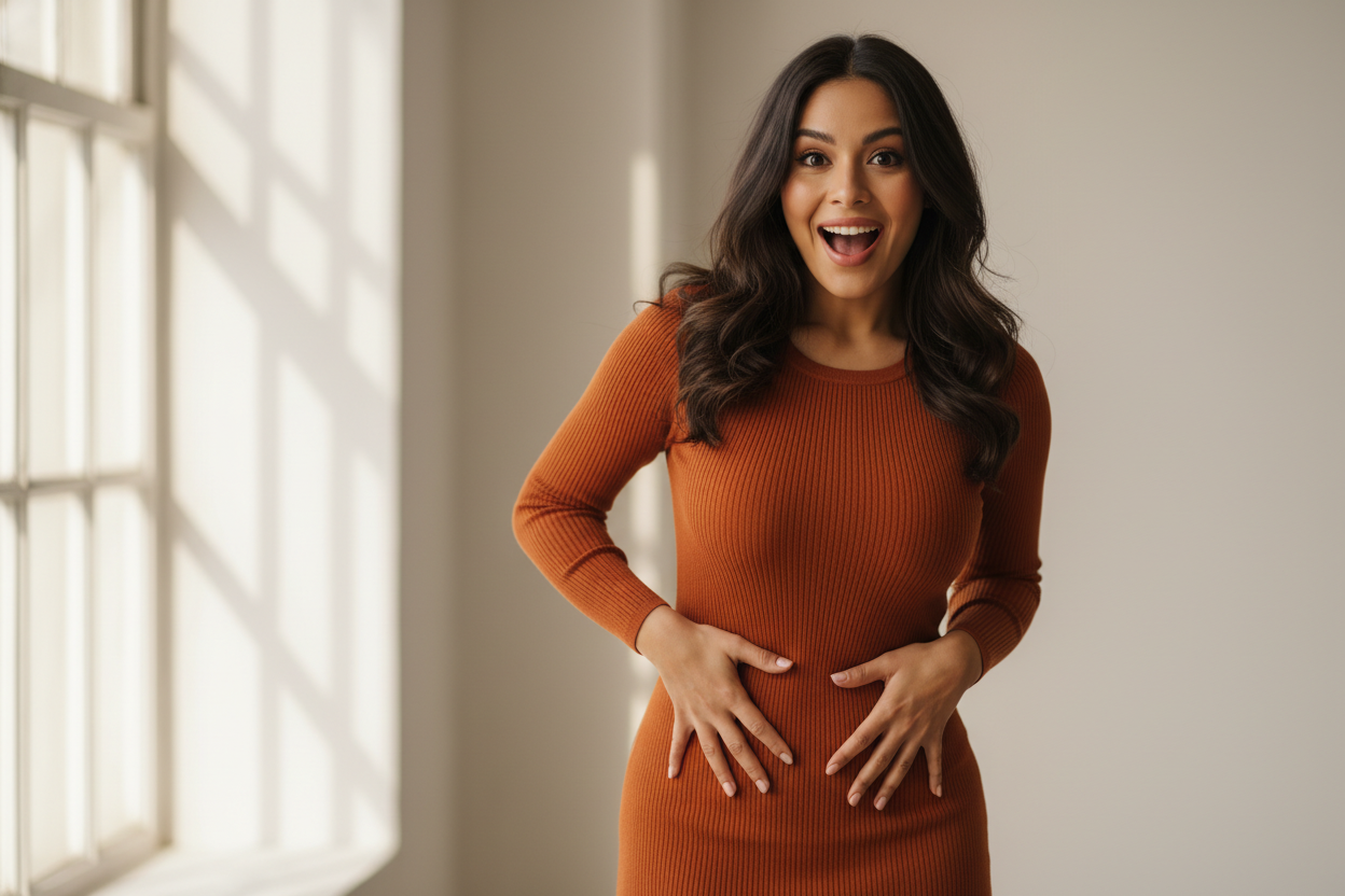 mujer latinoamericana con ropa ajustada al cuerpo con curvas de infarto tocándose la cintura asombrada