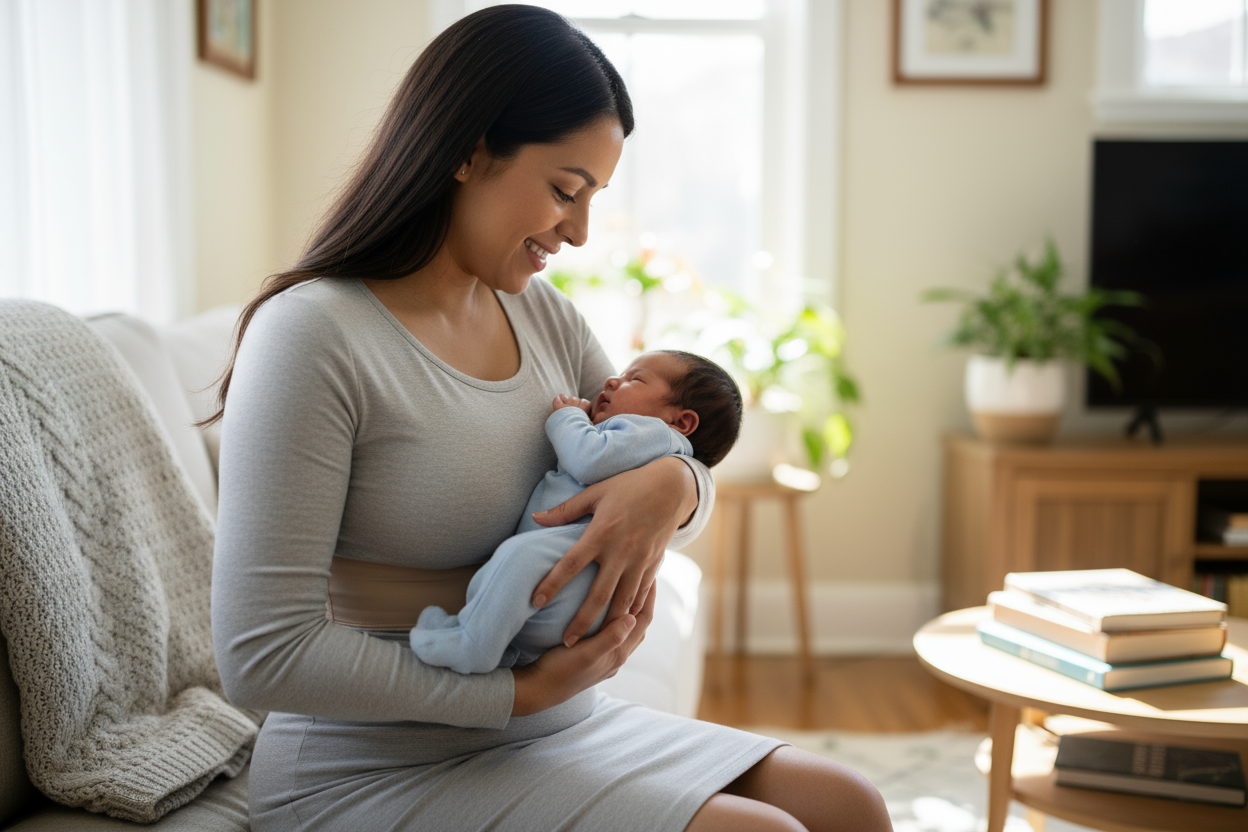 mujer latinoamericana con un bebé que se nota debajo de la ropa que lleva una faja 