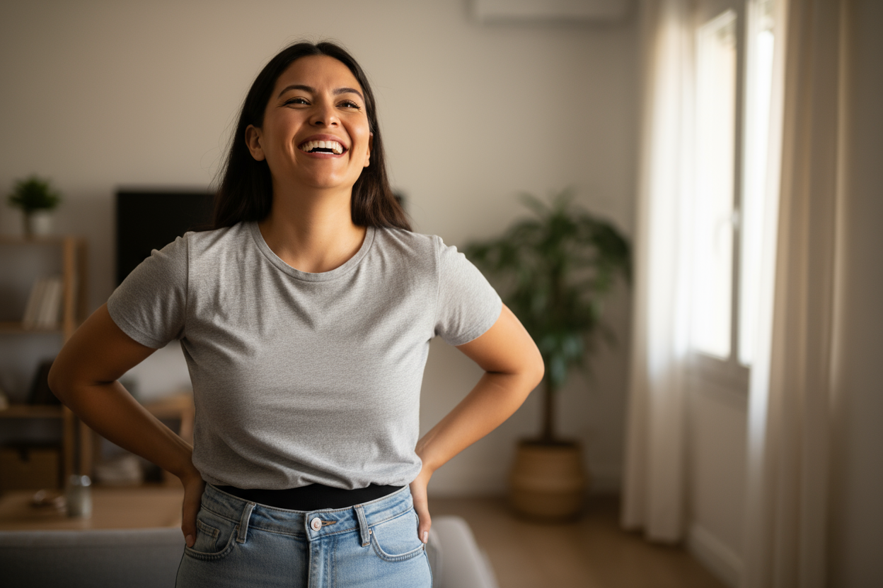 mujer latinoamericana feliz porque su faja de cintura color negro le funciona pero no muestra la faja del todo solo un trozo de color negro pero se ve que está contenta con el resultado