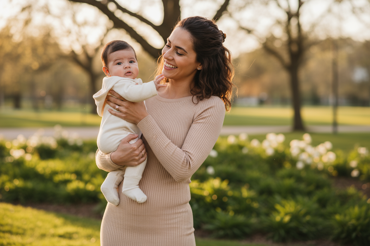 mujer latinoamericana feliz vestida con ropa ajustada de entre tiempo y tiene un bebé de pocos meses. la ropa tiene que hacerla ver muy moldeada el abdomen y cintura porque se supone de debajo de ella tiene una faja beige muy buena 