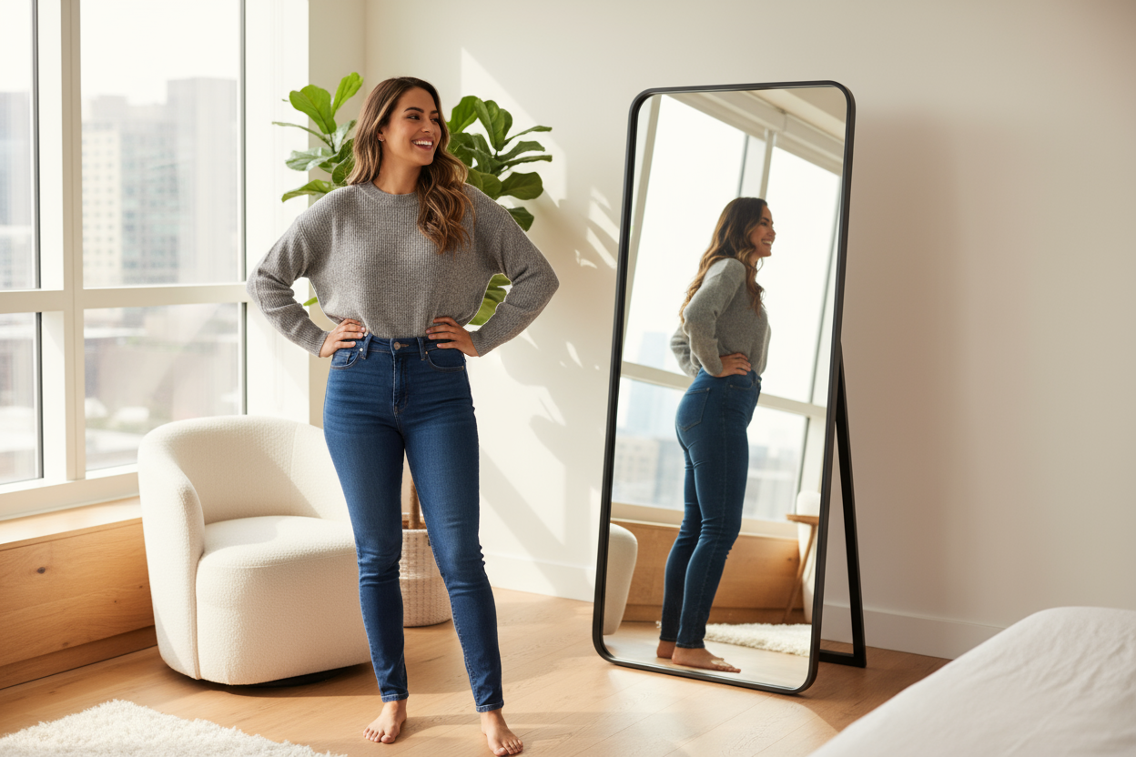 mujer latinoamericana muy feliz mirando su cuerpo al espejo porque le gusta como le moldea la faja que lleva debajo de la ropa